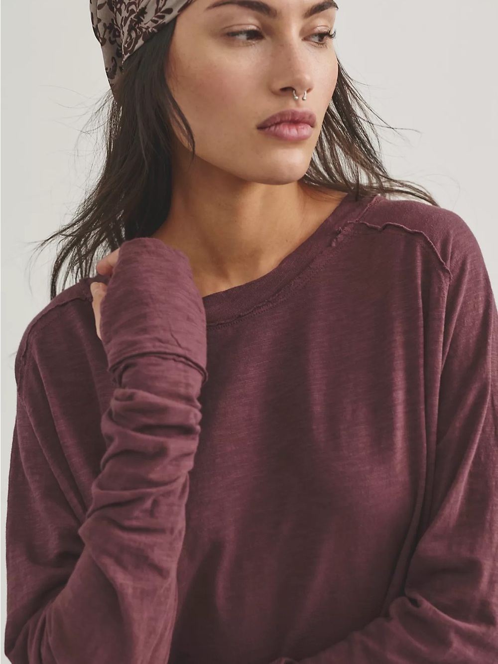Free People We the Free Arden Tee Long-Sleeve Winetasting Plum Berry 100% Cotton